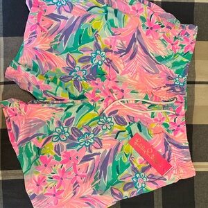 Lilly Pulitzer Pink and Purple Swim Trunks Vibrant Tropical Design